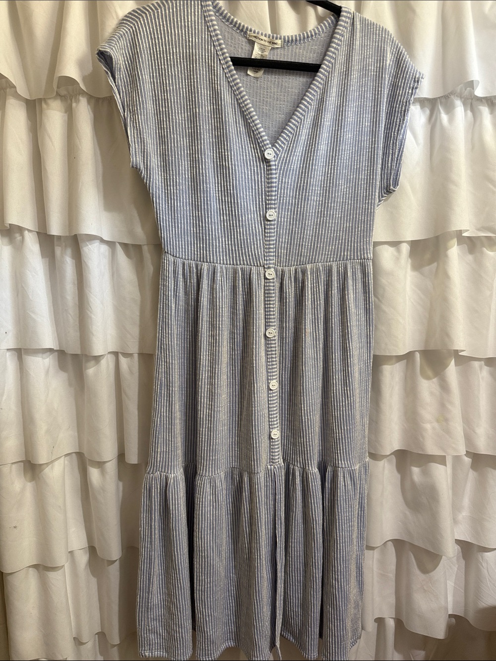 Caution To The Wind Light Blue Striped Midi Button-Front Dress